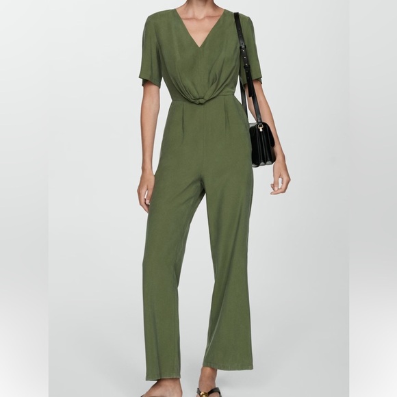 Mango Green Jumpsuit with Wrap V-Neck and Wide-Leg Pants - Picture 2 of 12
